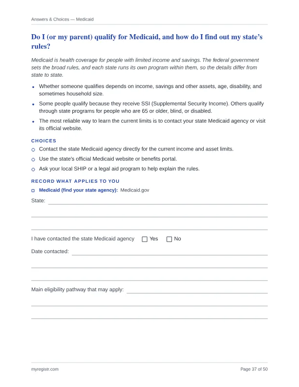 Medicaid page with space to record your state agency details