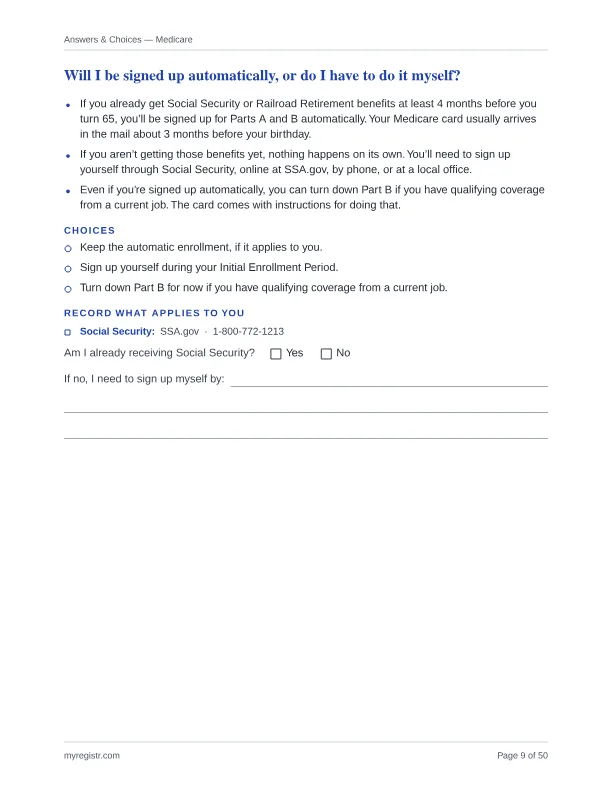 Medicare page with answers, choices, and space to record what applies to you