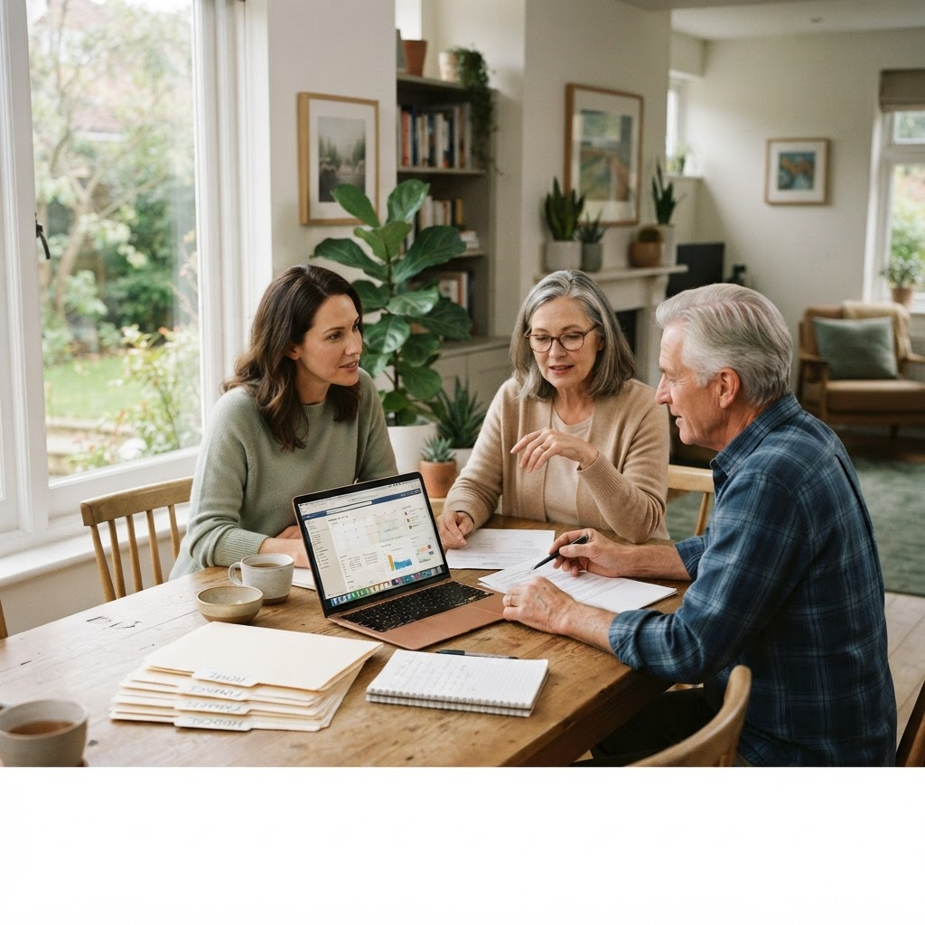 A daughter helping her parents organize family records together at their dining table