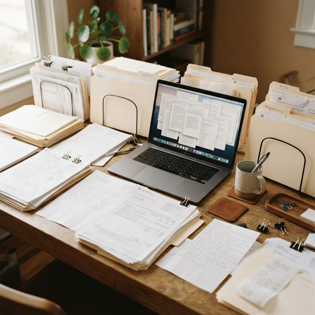 Printed documents, folders, handwritten notes, and a laptop with several document windows on a home office desk in quiet natural light