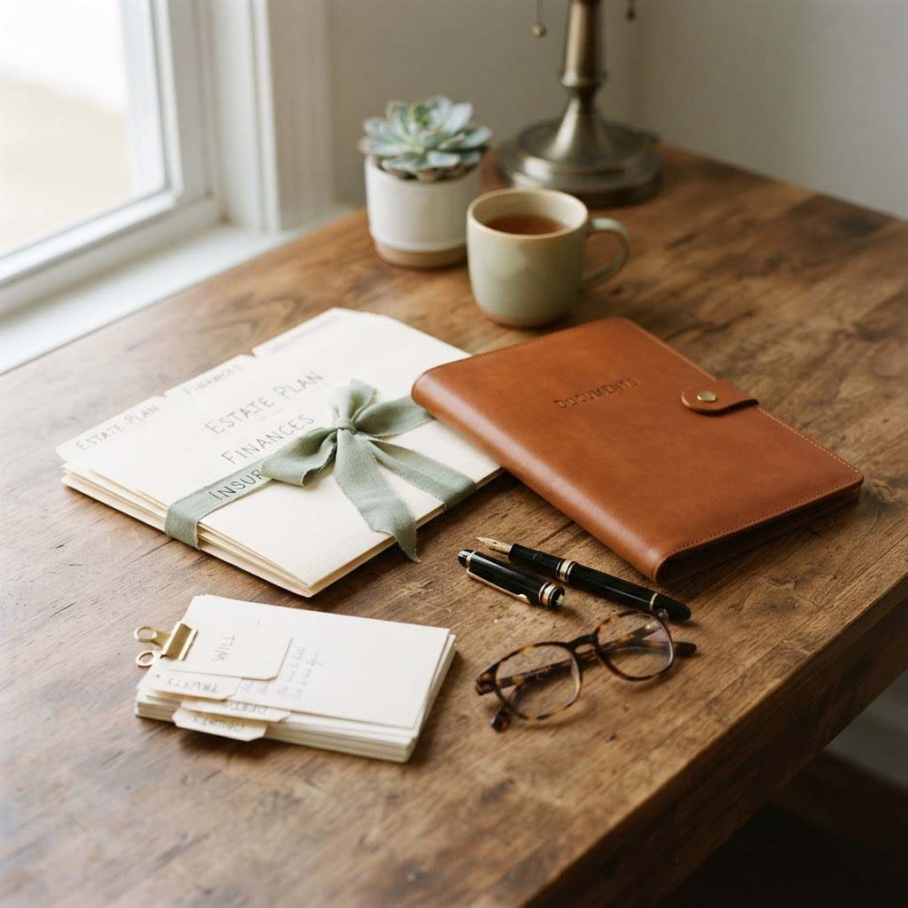 Neatly organized folders, a pen, and reading glasses on a warm wooden desk in soft light