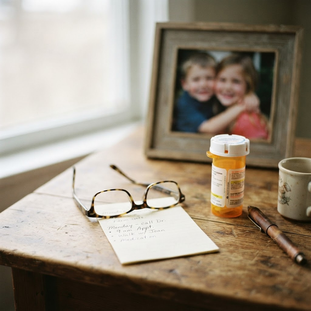 A handwritten note, reading glasses, an amber prescription bottle, and a softly blurred framed family photo on a warm wooden table in morning light