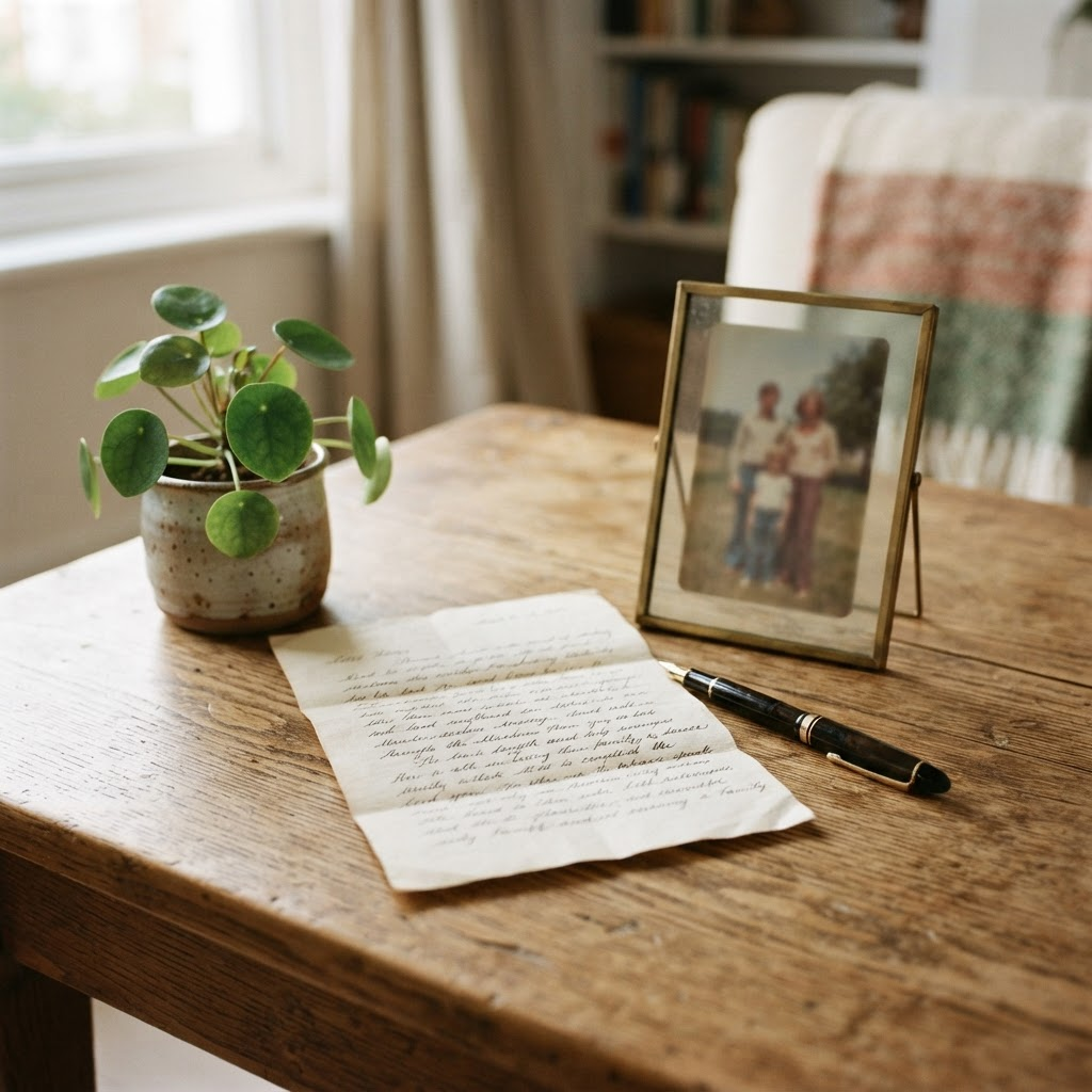 A handwritten letter, a framed family photo, and a fountain pen on a warm wooden table in soft morning light