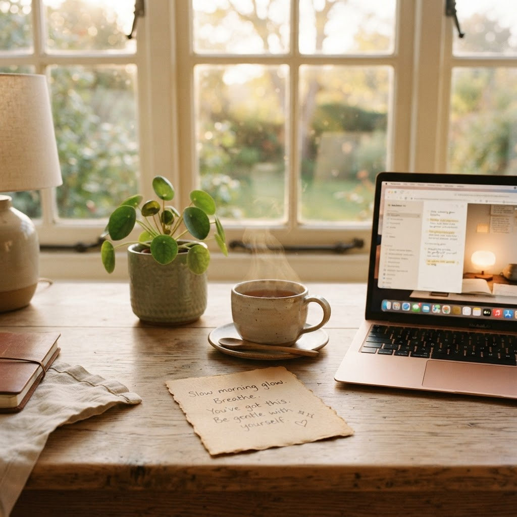A sunlit kitchen table by a window with a laptop, a cup of tea, and a handwritten note