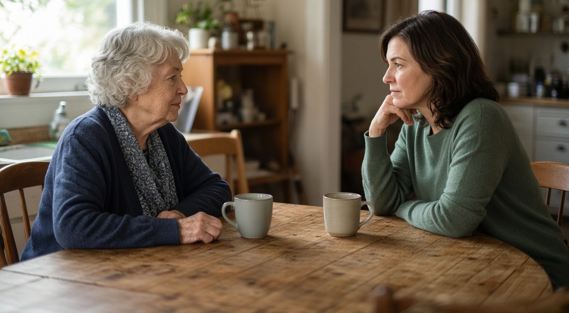 An older mother and her adult daughter having a thoughtful conversation over coffee at a kitchen table