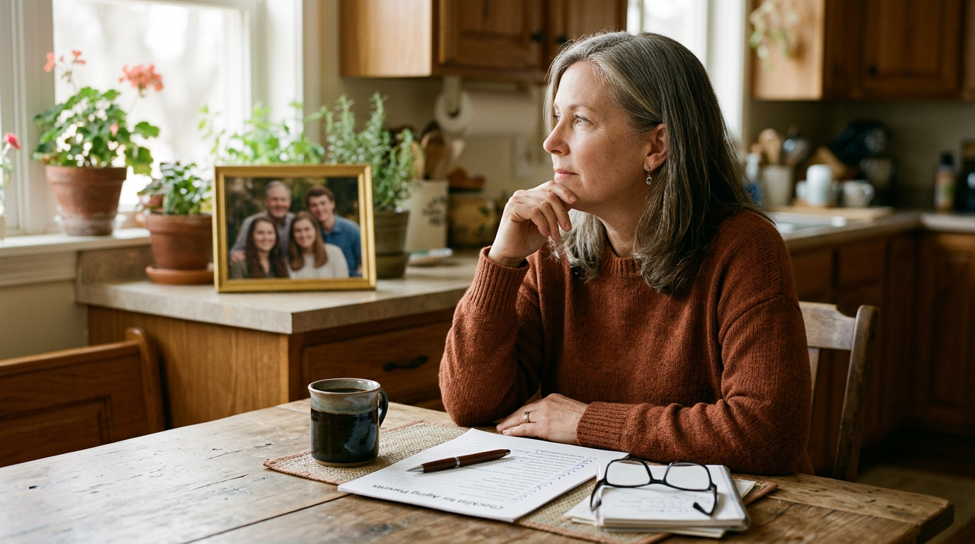 A woman at a sunlit kitchen table with a checklist for her parents, pausing to look at a framed photo of her own family
