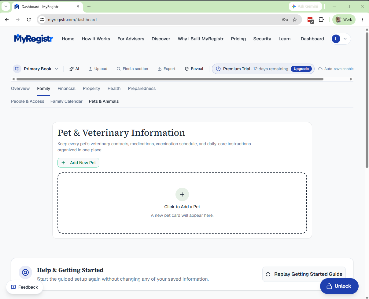 MyRegistr executive dashboard showing the household summary, category tabs, and secure export controls.