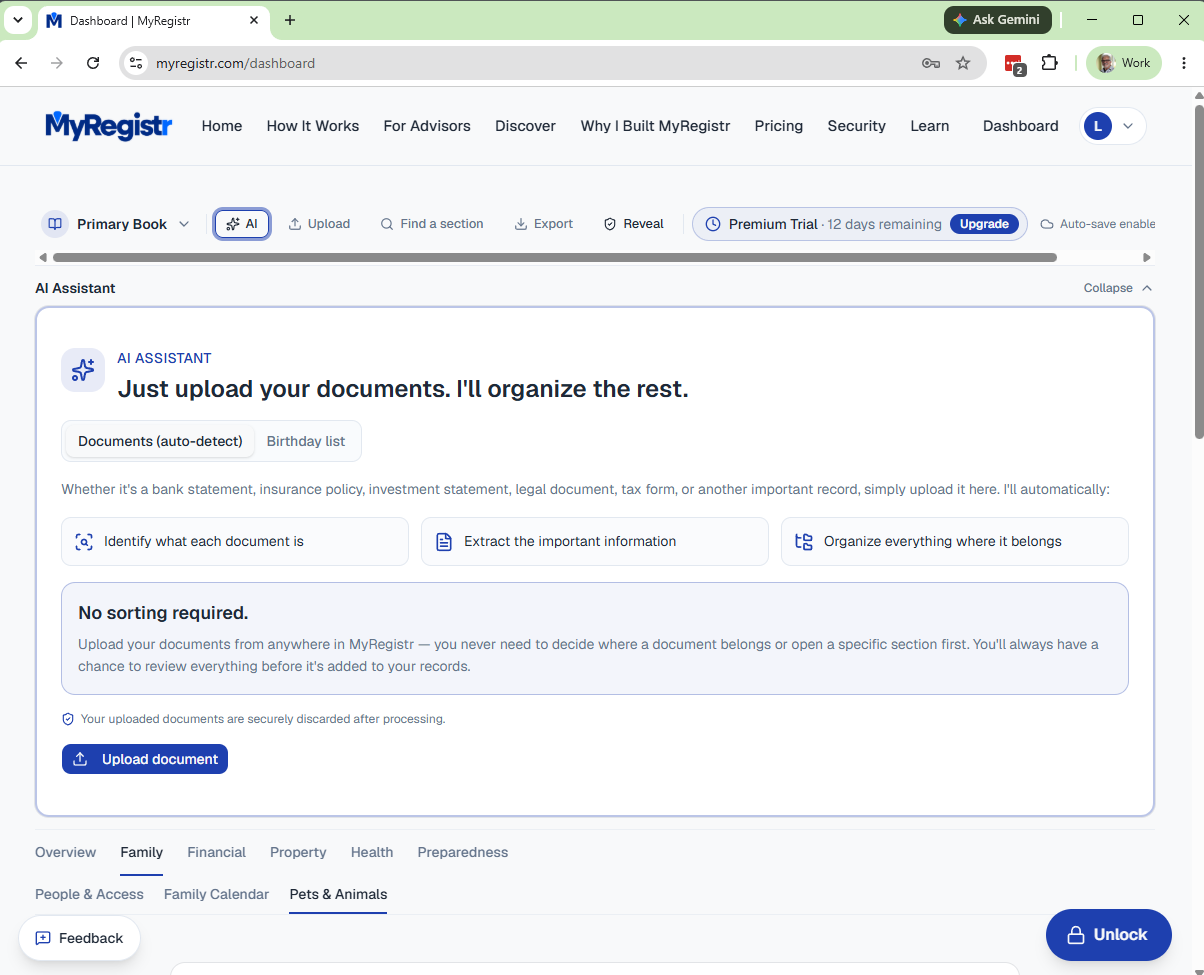 The AI Document Assistant panel expanded on the MyRegistr dashboard, with an upload document button.