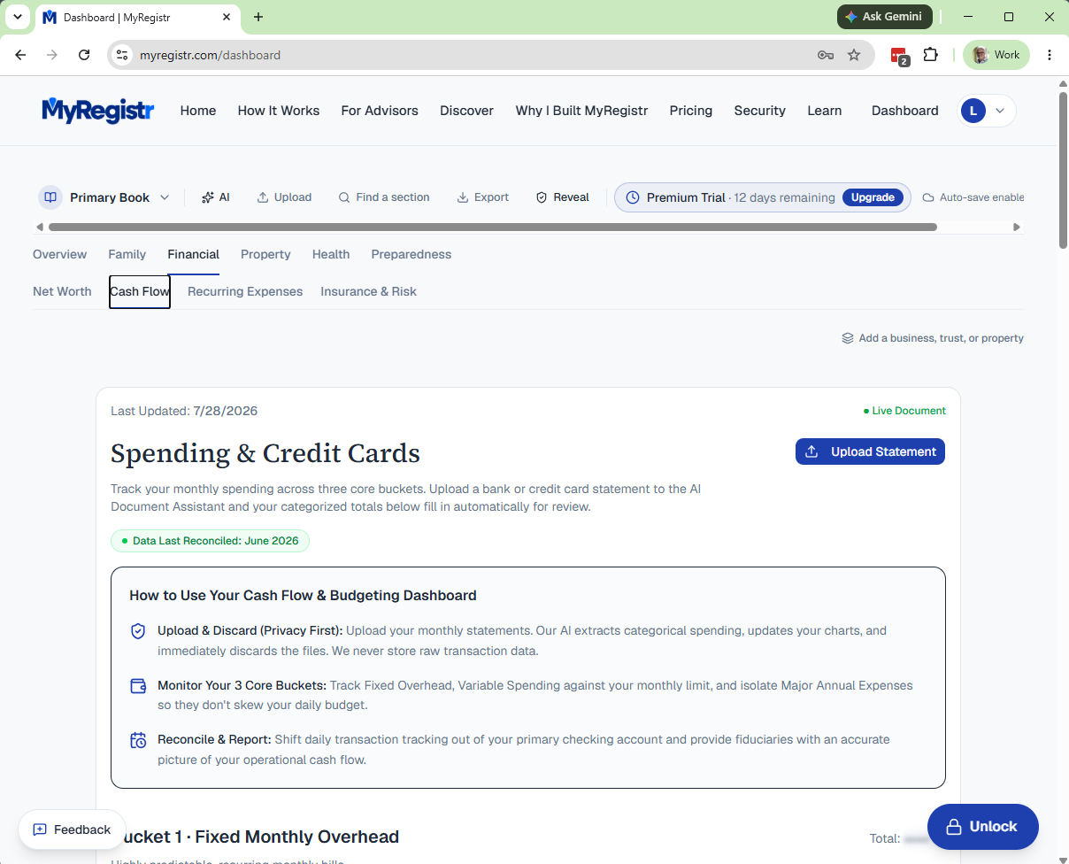 The Spending & Credit Cards category view within MyRegistr, one of many organized life categories.