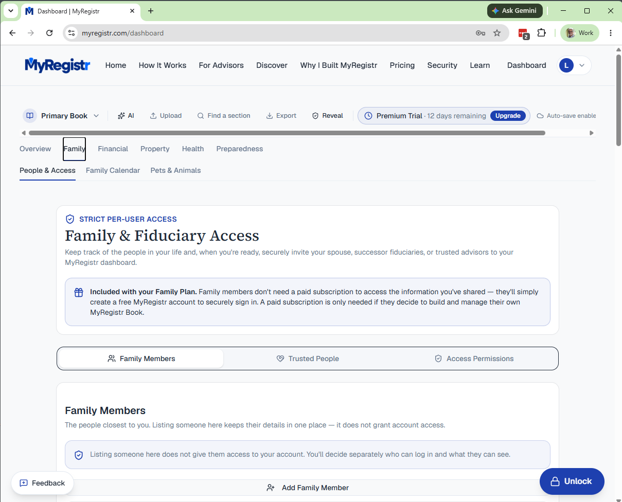 The Family & Fiduciary Access view showing active members and per-module visibility settings.