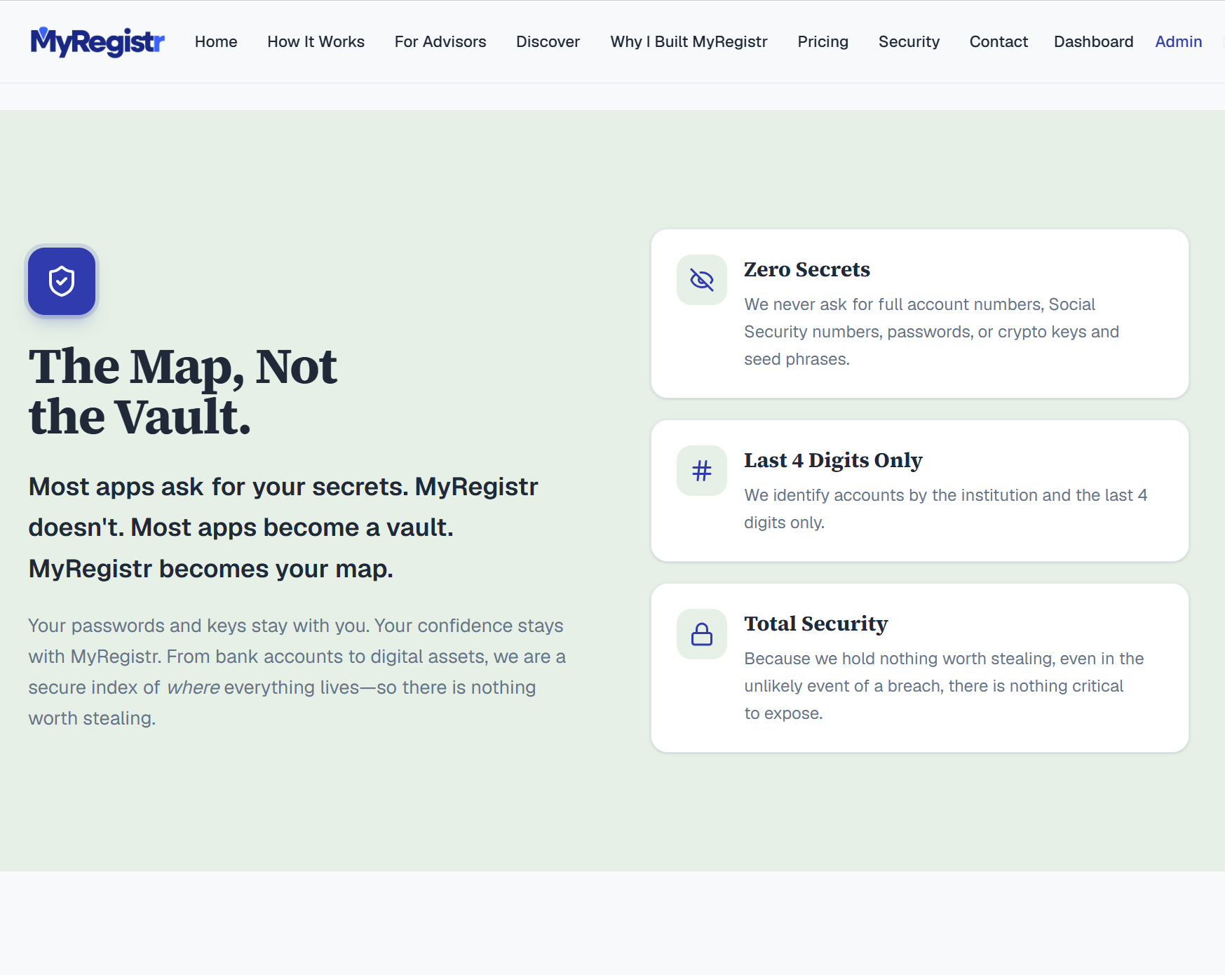The MyRegistr security section explaining the map, not the vault privacy approach.